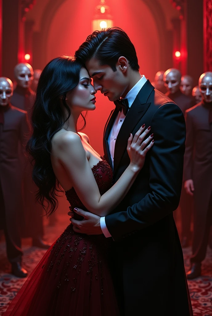 a pale woman with blue eyes and raven hair with a handsome man with a fit body and raven hair and grey eyes making love with masks in a red room with lots of people