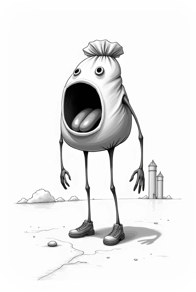 A black and white bag with thin arms and thin legs with shoes and a big mouth and silos