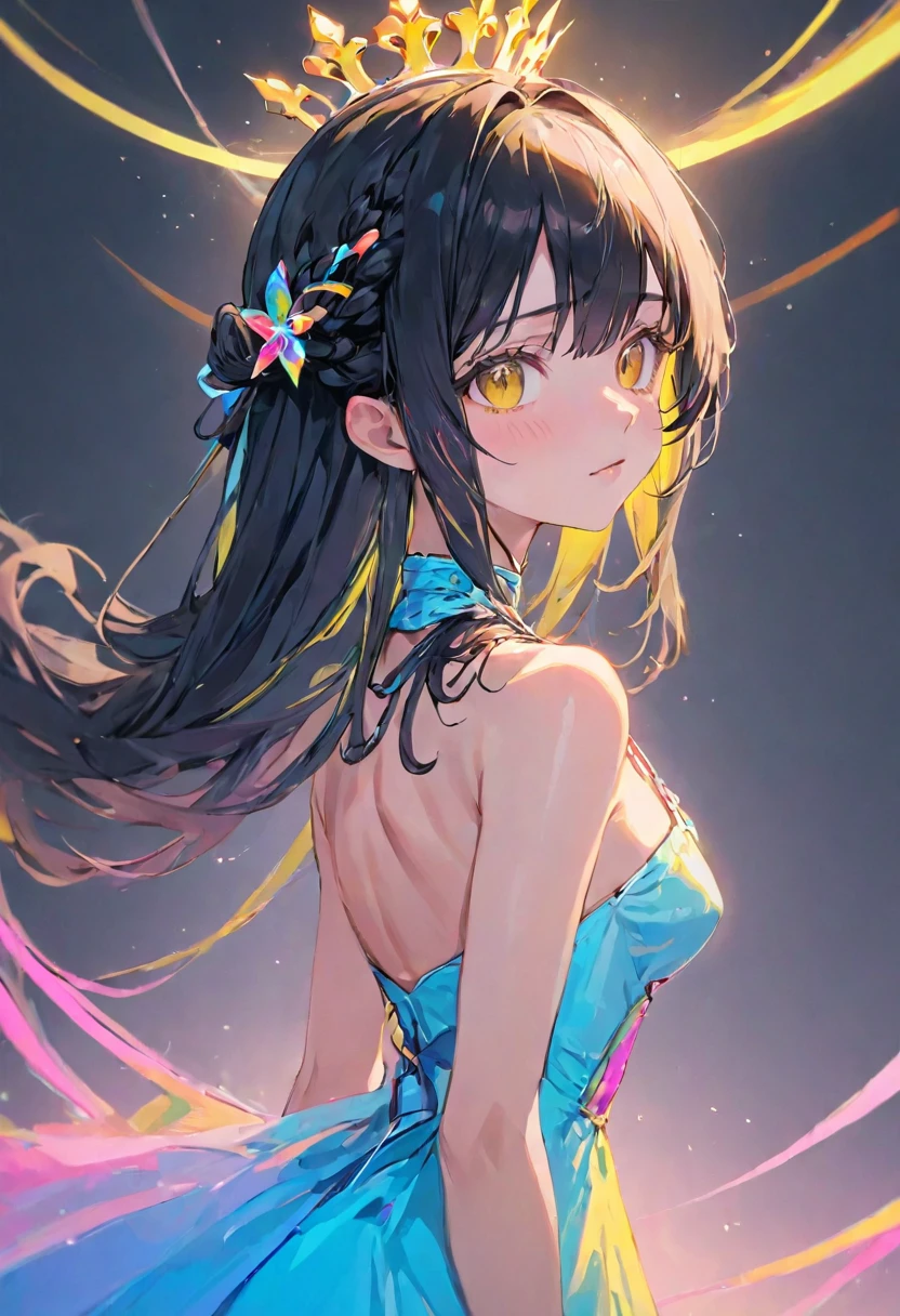 (medium full shot, looking at viewer:1.3), rainbow color combinations, masterpiece, 8k wallpaper, absurdres, best quality, dynamic angle, cinematic lighting, 1girl, (small breasts), cute, delicate, (black hair, pink streaks:1.3), (halter dress, sky blue dress:1.32), long hair, hair between eyes, sidelocks, crown braid, diadem, show shoulders, extremely reflective eyes, (extremely plain background, solid color background, yellow background:1.1)