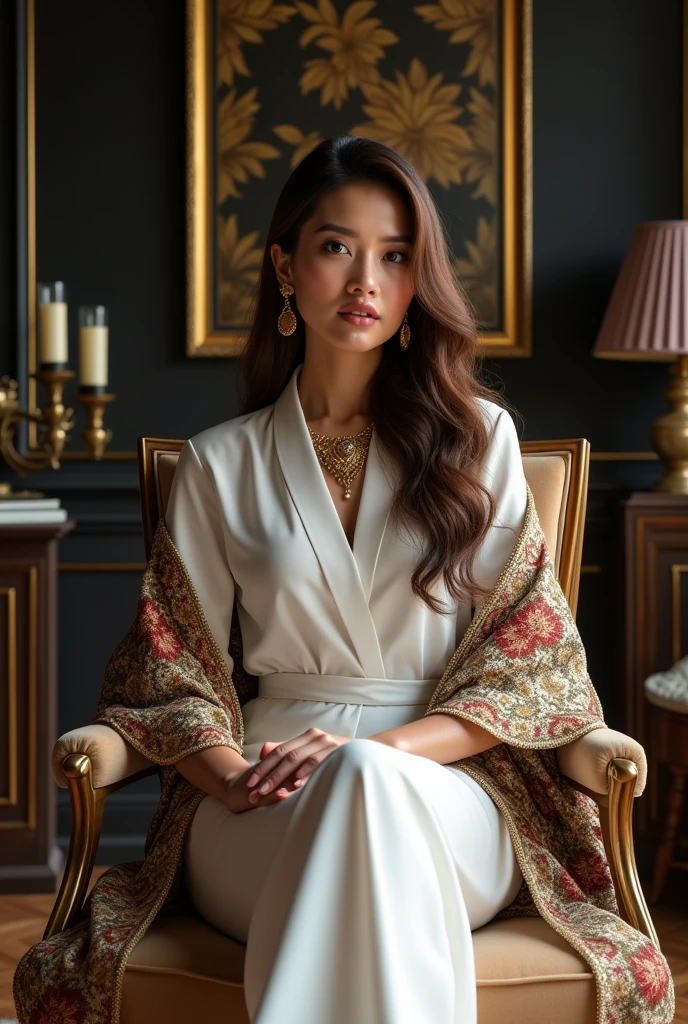 Indonesian woman with long wavy ombre hair. She wore a long white kebaya and was wrapped in a beautiful batik shawl with intricate beading and gold accents. Strappy gold gladiator sandals completed her outfit. She accessorized with big gold earrings and a statement necklace, exuding confidence, dynamic pose. He sat elegantly, in an armchair, surrounded by a room decorated with gold and black