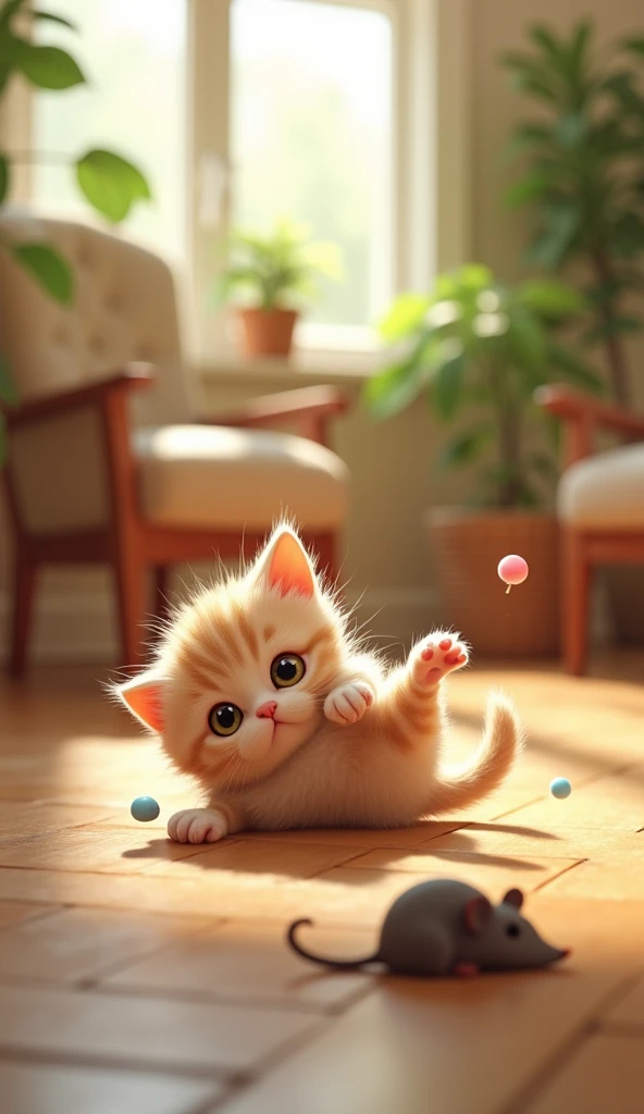 "A small kitten rolling on its back on a wooden floor, pawing at a toy mouse. The room is filled with natural light, and there are plants and cozy furniture in the background."