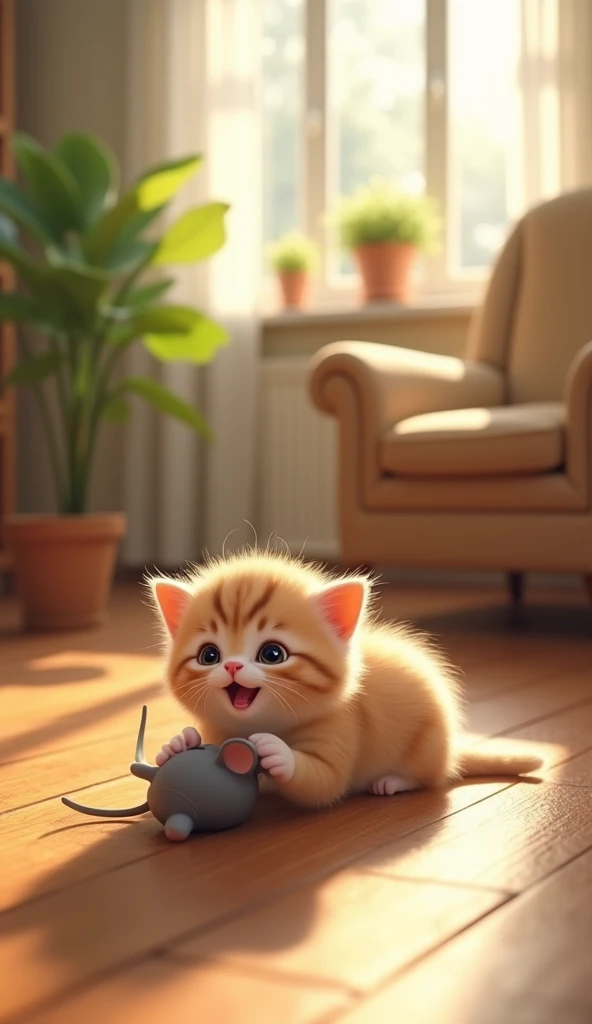 "A small kitten rolling on its back on a wooden floor, pawing at a toy mouse. The room is filled with natural light, and there are plants and cozy furniture in the background."