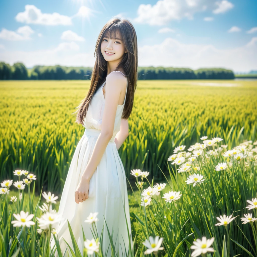 masterpiece, best quality, Ultra-high resolution, detailed illustration, portrait, detailed, 1 girl standing in a wheat field, Solitary, Long hair, skirt, flower, White Hanfu, Smile, whole body, white flower, Bare shoulders, very Long hair, Light green hair, Shut up, For the audience, Bangs,standing 