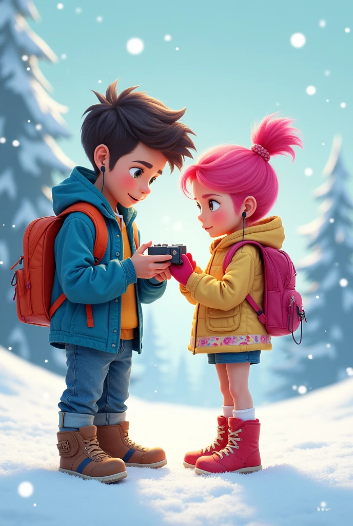 A boy in snowfall area girl hair pink girl drees Jens top a bag on shoulder use earphones dress code shorts not simple dress boy assembling hand