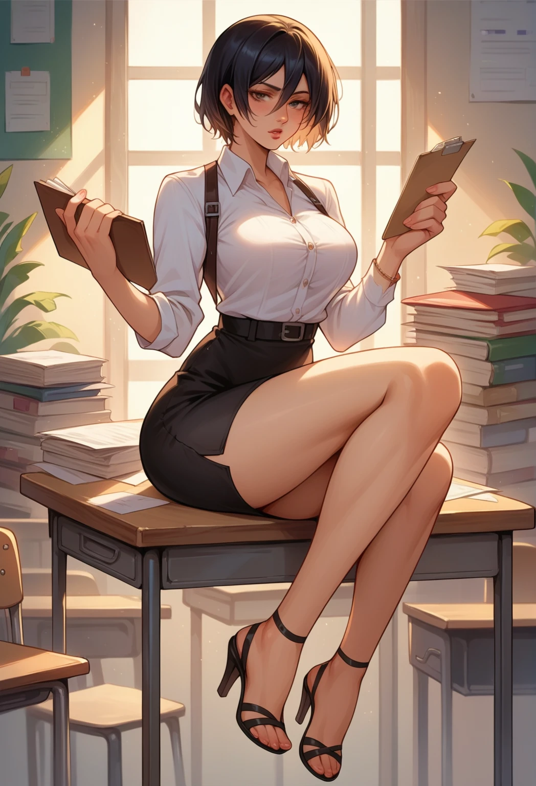 score_9, score_8_up, score_7_up, source_anime, Mikasa Ackerman, big breasts, office outfit, high heels, open toe heels, holding files, sitting on desk, at office