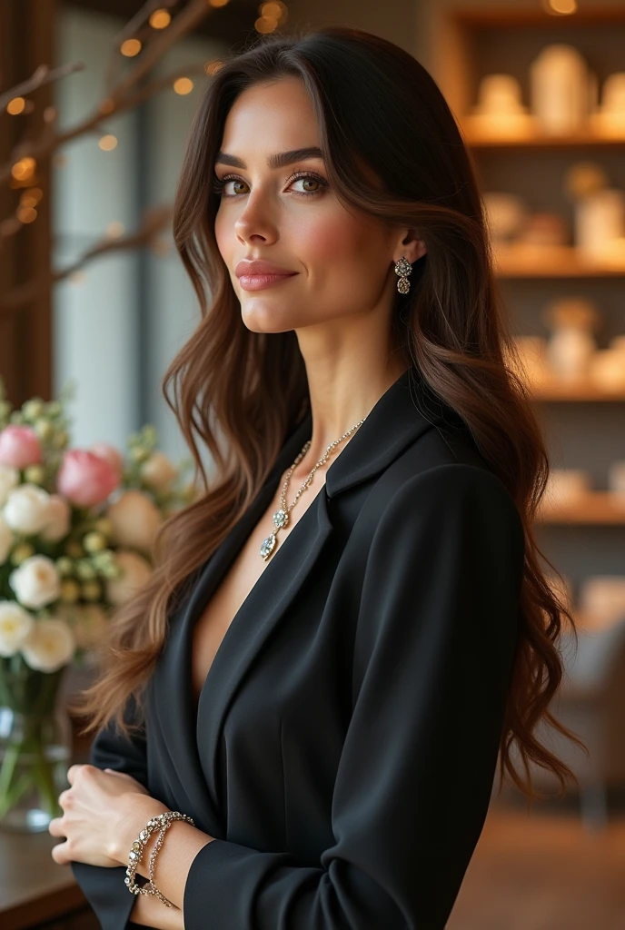 Mulher elegante, com vestido preto, olhos verdes, cabelos loiros, holding a serum bottle in one hand and the other passing on the face evidencing the feminine beauty and care for the hair of the face, in a realistic south image inside a house with good lighting with people.