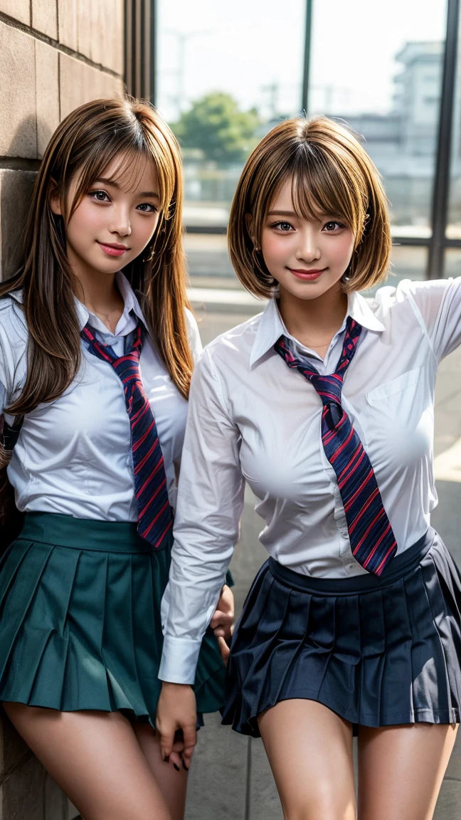 Browsing Caution, ((masterpiece)), ((Highest quality)), (Very detailedな), ((cute)), cute, (Multi-point), ((sexy)), (device), ((Very detailed)), 4K, (8k), Highest quality, (beautiful), hyper cute face, shape, Anime Style,hyper Genuineistic, Genuine, Dynamic Angle, ((whole body)), close, Thick outline, Clear contours, at school, (Three Girls, 3 cute girls:1.5), (Schoolgirl Uniform :1.5), beautiful light brown hair, beautiful brown eyes, ((beautiful eyes)), (Leaning forward:1.5), (Under the skirt:1.5), short hair, Big Breasts, smile