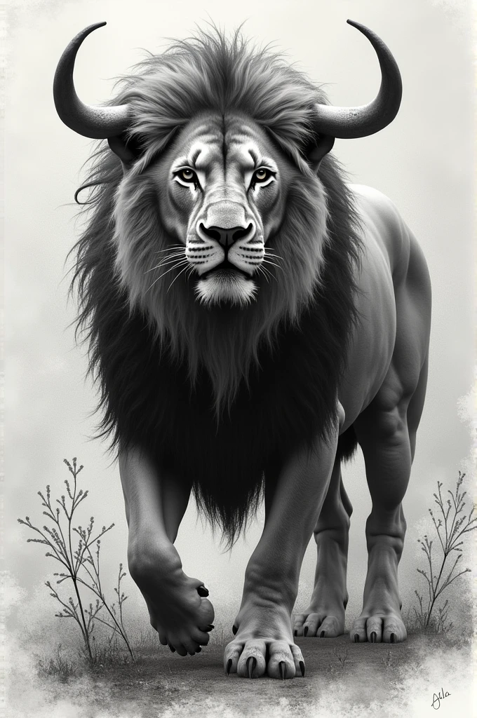 Lion with a bull black and white non-physical photo