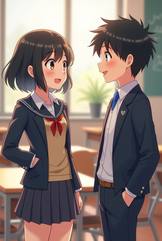 Short black haired teenage girl in school uniform and black haired boy in school uniform sitting happily chatting and in the background a classroom 