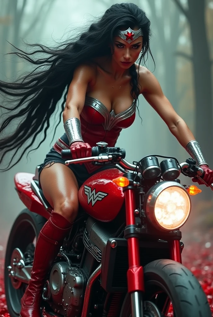 (((In extreme close-up, a beautiful woman riding a high-powered futuristic motorcycle))),(((Wonder Woman Scale Onesie (((Suit that covers your entire body))),(((Corset rojo Wonder Woman))),(((Black hair gathered in a braided ponytail))),((((Hair six feet long blowing in the wind)))Silver metal diaema with a red star on its forehead Long silver bracelets Long red boots above its knees Blood around it (((cursed cemetery))),(((Bloody and terrifying images of a high-displacement red motorcycle with Wonder Woman logos)))
