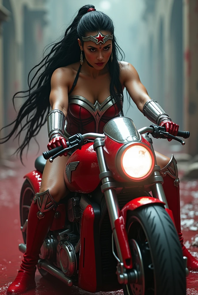 (((In extreme close-up, a beautiful woman riding a high-powered futuristic motorcycle))),(((Wonder Woman Scale Onesie (((Suit that covers your entire body))),(((Corset rojo Wonder Woman))),(((Black hair gathered in a braided ponytail))),((((Hair six feet long blowing in the wind)))Silver metal diaema with a red star on its forehead Long silver bracelets Long red boots above its knees Blood around it (((cursed cemetery))),(((Bloody and terrifying images of a high-displacement red motorcycle with Wonder Woman logos)))