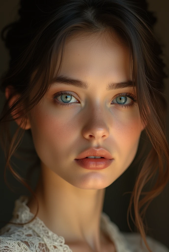 a beautiful woman with flawless skin, piercing eyes, full lips, delicate facial features, elegant hairstyle,blue light eyes, serene expression, masterpiece portrait, highly detailed, photorealistic, 8k, HDR, dramatic lighting, cinematic composition, warm color palette, oil painting aesthetic, classical Renaissance style, chiaroscuro lighting effect, timeless beauty