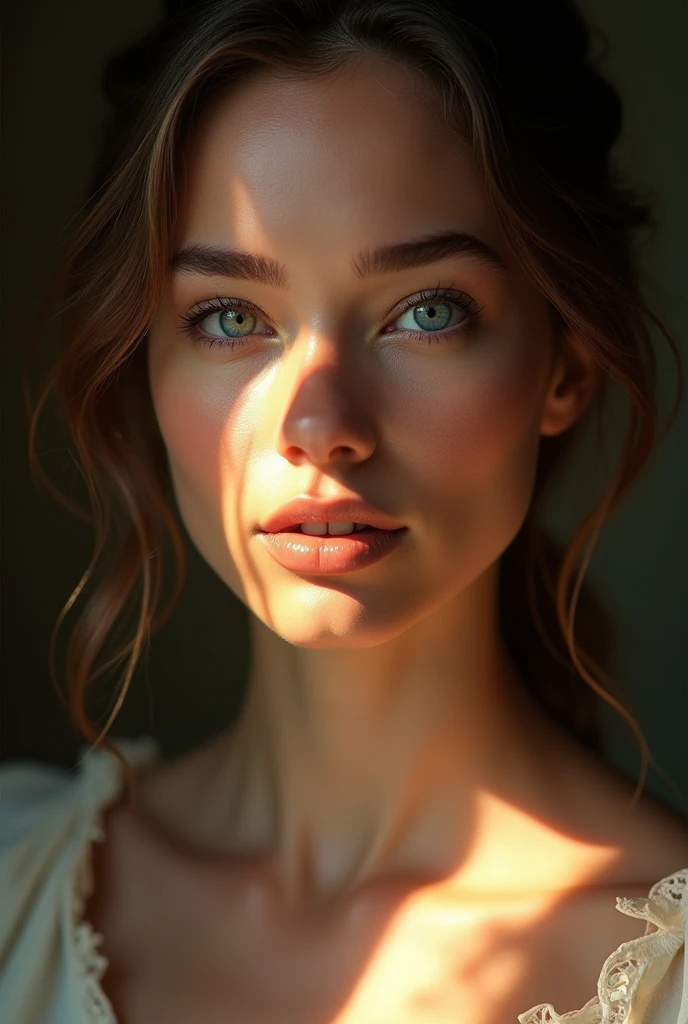a beautiful woman with flawless skin, piercing eyes, full lips, delicate facial features, elegant hairstyle,blue light eyes, serene expression, masterpiece portrait, highly detailed, photorealistic, 8k, HDR, dramatic lighting, cinematic composition, warm color palette, oil painting aesthetic, classical Renaissance style, chiaroscuro lighting effect, timeless beauty