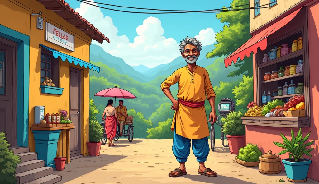 Create an cartoon image of a village and one farmer man wearing kurta and pyjama and he is working in kirana store and with the owner of that store