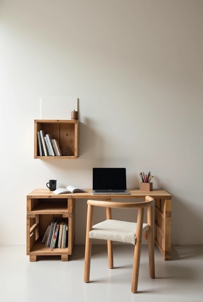 magine a minimalist and functional workspace desk made from pallets, with a laptop, books, and stationery neatly arranged. Include a pallet chair and a pallet shelf on the wall for extra storage
