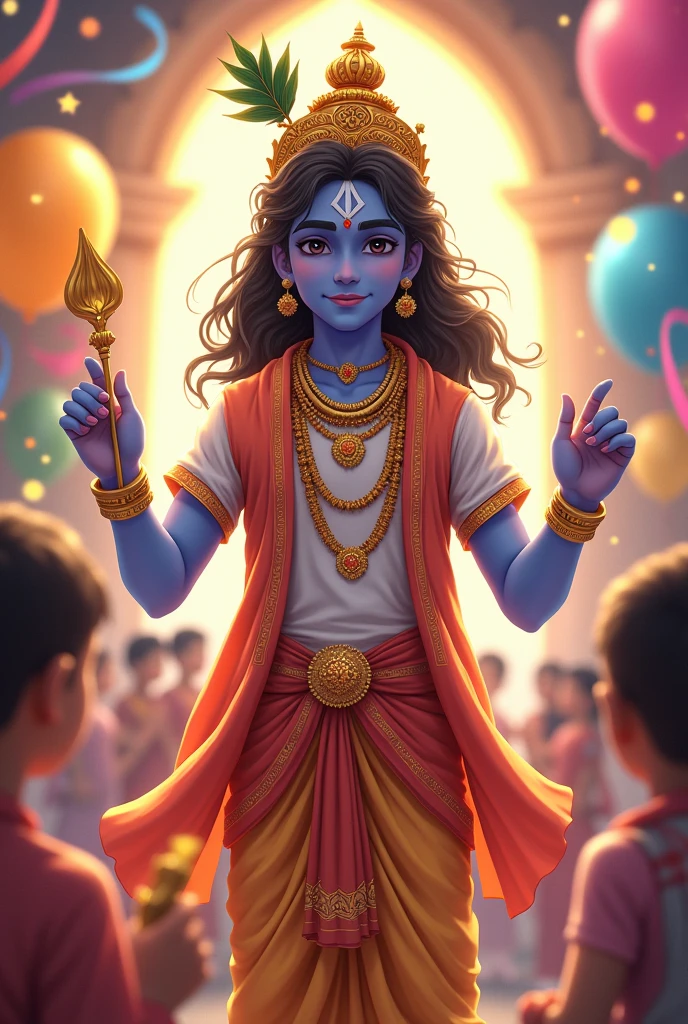 Create a picture of neon happy lord krishna with dark black background
