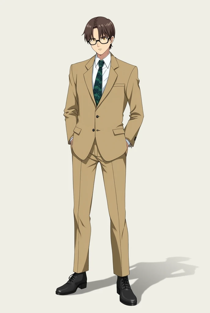 Certainly! Here's a more detailed description of Kento Nanami's appearance:
### **Face and Hair**
- **Face Shape**: Nanami has a defined, angular face with sharp features. His jawline is strong, complementing his overall serious demeanor.
- **Eyes**: He has narrow, sharp eyes that often appear focused or slightly tired. His eye color is a light brown, which matches his hair color.
- **Eyewear**: Nanami's glasses are a standout feature. They are round with dark, thick frames that give him a distinct, intellectual look. These glasses are not just for show; they are part of his meticulous and calculated persona.
- **Hair**: His hair is short, straight, and neatly styled, reflecting his disciplined nature. The color is a light brown, often appearing almost blonde under certain lighting. He usually combs his hair back, leaving his forehead exposed.
### **Clothing**
- **Suit**: Nanami is almost always seen wearing a business suit, which adds to his aura of professionalism. His suit is typically light beige or tan, consisting of a well-tailored blazer and matching trousers.
- **Shirt and Tie**: Under his blazer, Nanami wears a white dress shirt. His tie is distinctively patterned with diagonal stripes in shades of green and dark blue, adding a subtle touch of color to his otherwise neutral outfit.
- **Footwear**: He wears black dress shoes, polished and formal, matching the rest of his attire.
### **Accessories**
- **Watch**: Nanami wears a wristwatch, a practical accessory that aligns with his punctual and efficient nature. The watch has a simple, classic design with a leather strap.
- **Weapon**: Nanami often carries his signature blunt weapon—a long sword wrapped in cloth, which he uses to deliver precise strikes using his *Ratio Technique*. This weapon is typically slung over his shoulder or carried casually in one hand.
### **Overall Impression**
Nanami’s appearance is a perfect blend of sharp professionalism and subtle intensity. His neatly groomed hair, well-fit