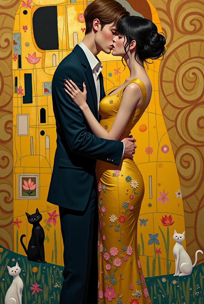 Gustav Klimt&#39;s painting of the kiss with a tall, skinny, white, brown-haired boy, a white girl with black hair and thick lips and cats anime style 