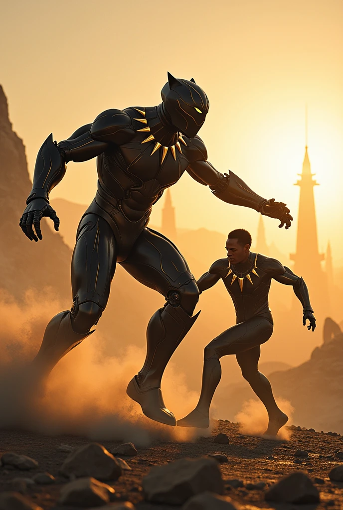 Iron suit modified with black panther in sunlight and fight with transformer