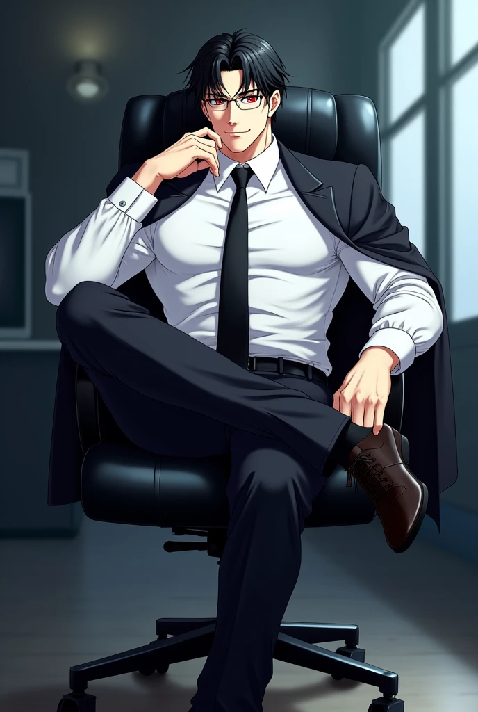 create an anime style image, There is a tall man, Muscular but not too much, White skin, black hair and sapphire red eyes, He is wearing a white shirt, a black pants, a black tie and a black jacket placed over his shoulders , He is sitting on a black chair with wheels, he has his legs crossed, Her head is slightly tilted and is resting on one of her hands., The man wears a small smile of happiness on his face. The background is of an office that is dark. anime style