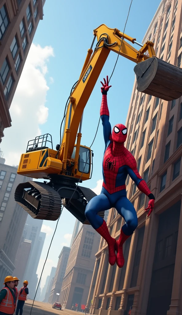 A highly realistic and humorous scene featuring Spiderman struggling to lift a real excavator using his web. He is clinging to the side of a tall building with one hand, his body straining with the effort as he tries to hoist the heavy machinery into the air. The web is stretched taut, with the excavator dangling precariously, its massive weight causing Spiderman to visibly struggle. His expression is one of intense concentration and strain, almost cartoonishly exaggerated, adding to the comedic effect. The background includes the cityscape with towering buildings, and a few construction workers on the ground, looking up in surprise and disbelief. The scene captures the absurdity and humor of the moment, with Spiderman in a ridiculous yet heroic predicament