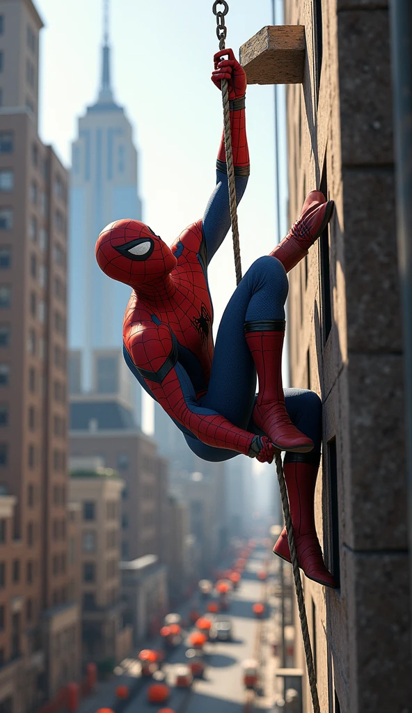 A highly realistic and humorous scene featuring Spiderman struggling to lift a real excavator using his web. He is clinging to the side of a tall building with one hand, his body straining with the effort as he tries to hoist the heavy machinery into the air. The web is stretched taut, with the excavator dangling precariously, its massive weight causing Spiderman to visibly struggle. His expression is one of intense concentration and strain, almost cartoonishly exaggerated, adding to the comedic effect. The background includes the cityscape with towering buildings, and a few construction workers on the ground, looking up in surprise and disbelief. The scene captures the absurdity and humor of the moment, with Spiderman in a ridiculous yet heroic predicament