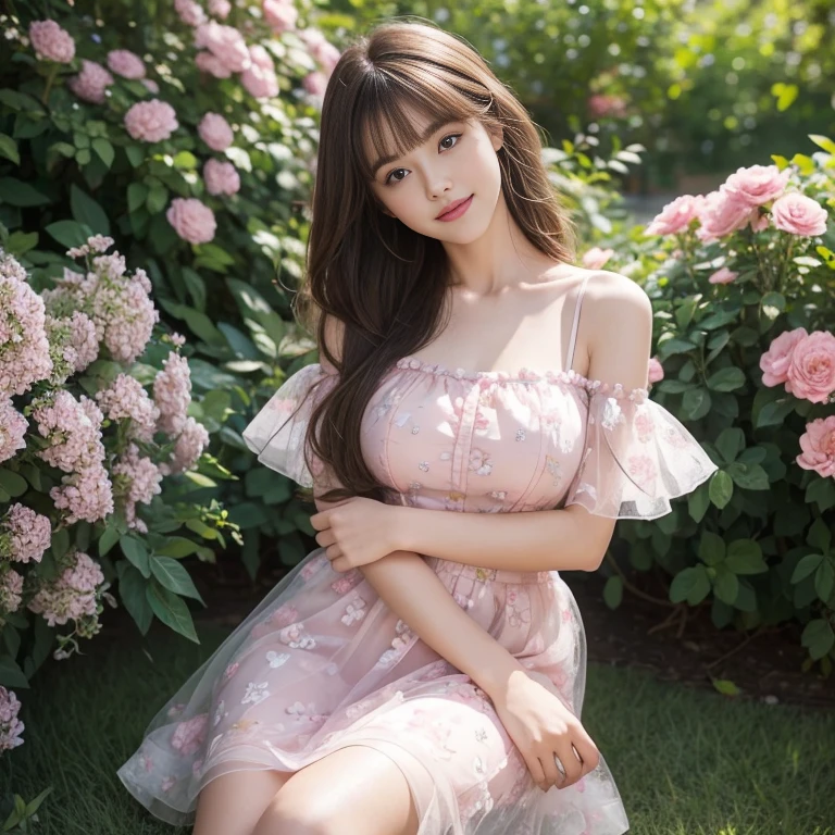 laughing out loud,travel scenery photos,Wear a sweet dress,Dress with pink flower pattern,Floral pattern scattered throughout the dress,Puff sleeves,Princess puff sleeves,Puff sleeves cover shoulders,Short sleeve,One-piece hem A-line skirt,(There is a layer of transparent mesh outside the skirt), Fluffy and lightweight dress,(The dress is made of mesh), There are pink ribbon bows on both sides of the collarbone.,A-line skirt with large hem,1 female, On the face, light brown hair, blunt bangs, hair behind ears, Shoulder-length hair, long hair, Slender body type, 超face slimming型, face slimming, delicate lips, beautiful eyes, Thin blush, Eyes are light brown,View here, (actual:1.3), One person's perspective, 8k, Super detailed, high quality, best quality, High resolution,2,above knee shot,Breast protrusion,Full breasts, breasts in clothes,No breasts,H CUP BREAST