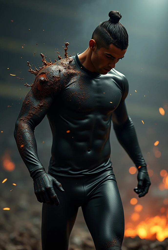 Cristiano Ronaldo in black rubber suit scorched from the side with fake Radamel