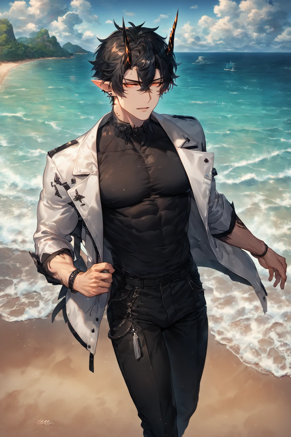 absurdres, highres, ultra detailed, HDR) master piece, best quality, extremely detailed, detailed face, detailed eyes, delicated features, Flamebringer, black hair, expressive orange eyes, Arknights, solo, sexy man, manly man, handsome, toned chest, bare chest, sensual, black horns, slightly pointed ears, black swimming trunks, sitting, island, sea, beach