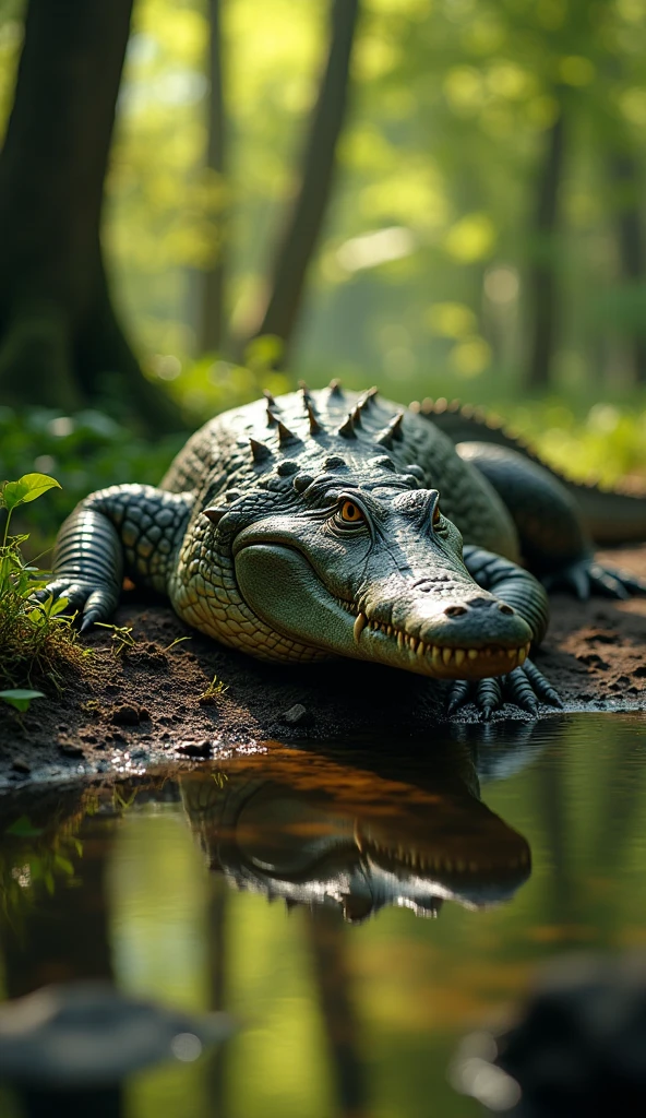 "A close-up image of a crocodile lying flat on the ground near a small water body in a dense, green forest. The crocodile's mouth is slightly open, revealing its sharp teeth. The background is blurred, with patches of sunlight filtering through the trees.