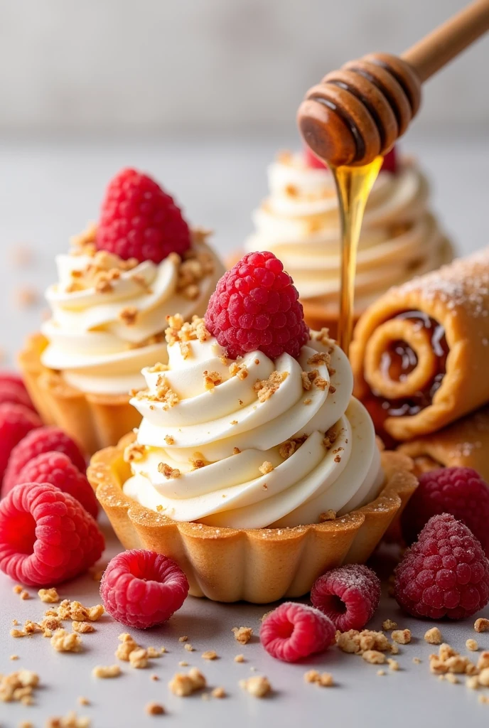 raspberry desserts, Vanilla ice cream and rolls with nuts and Israeli honey from above realistic image


