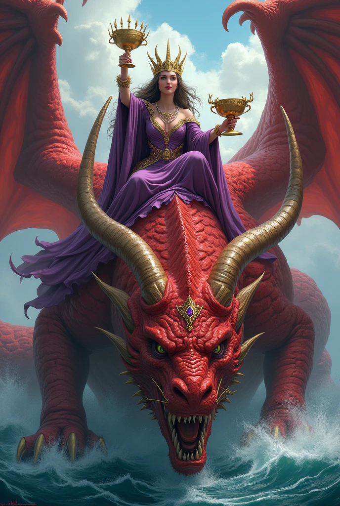 Woman with a golden chalice in her hand and dressed in purple and scarlet with pearls and precious stones sitting on a large scarlet dragon with 7 heads and 10 horns on its heads, Under them a lot of water
