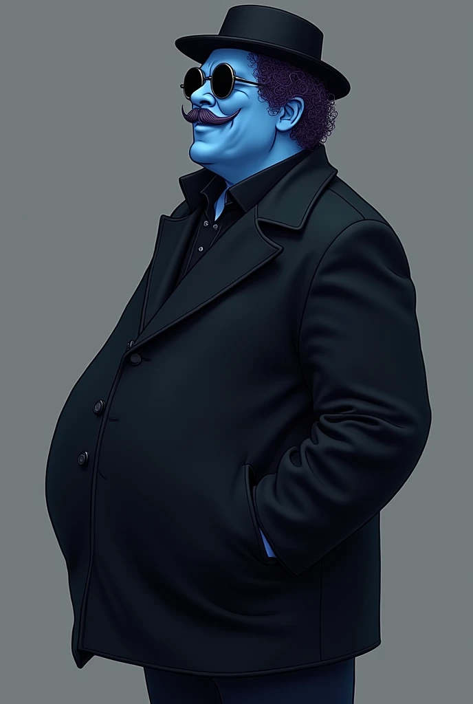 A man with blue skin, wearing round black sunglasses, wearing a black coat, wearing a black short hat, smiling all the time, likes to put his hands behind his back, 40 years old, short curly hair reaching the neck, black-purple. And a little plump
He doesn't have a moustache.