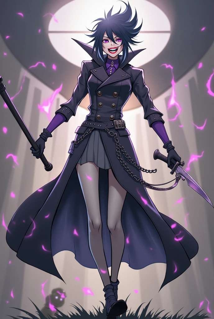 An androgynous character with black hair and a purple streak. wearing a black overcoat, with a staff on his back and a knife in his right hand. Most naughty and insane face.