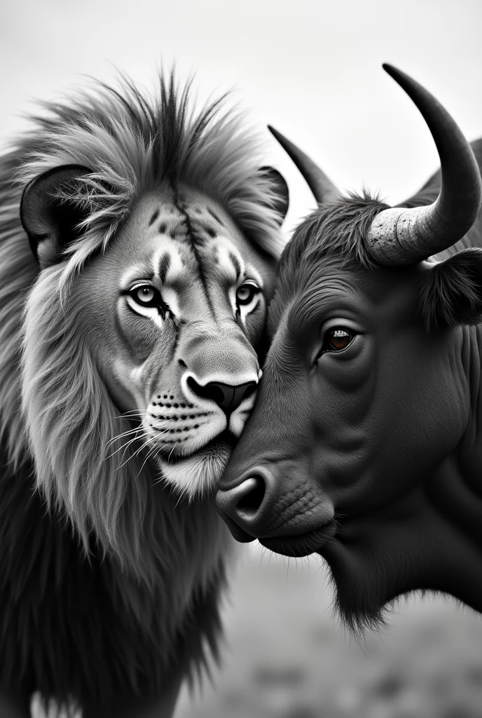 Lion with a bull, nothing physical, black and white photo, do it in a photo, I don't want anything of the body, just the head, but not specifically as if it were a cartoon, go from real life