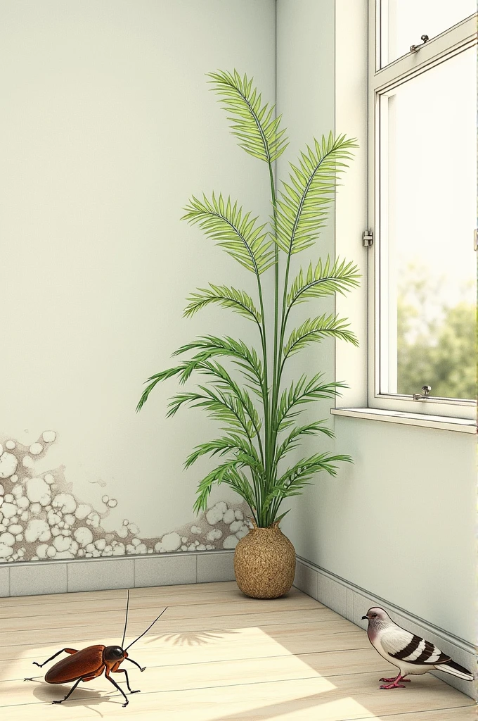 A cockroach on the floor near a wall, with an oval body, long antennae, and six legs.
A fern near the window with a vertical stem and feather-like fronds.
A pigeon flying near or resting on the window, with a rounded body, small head, and curved wings.
Mold in the corner of the wall near the floor, with irregular, wavy clumps."