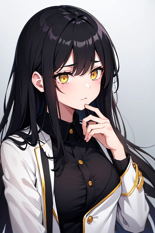 Girl with black hair falling to her shoulders, yellow eyes, white coat, black formal clothes underneath, burn scar on her face on her right eye, burn on her face, profile pose