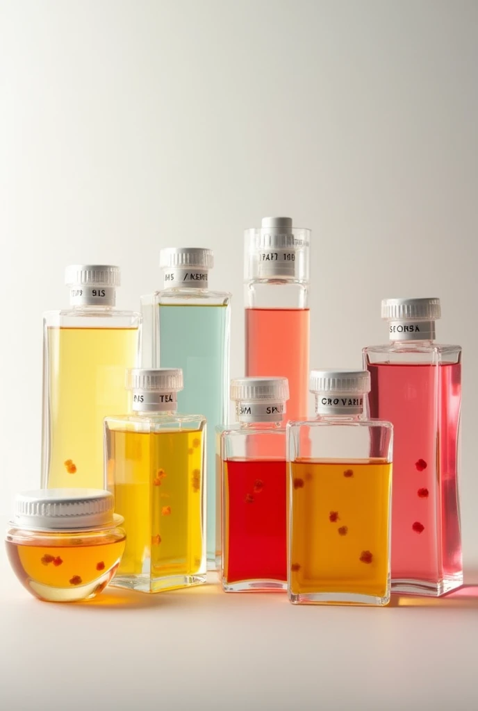 Transparent plastic containers with liquid with lid for essences with names in Spanish vanilla, lavender, oriental flowers, citrus, strawberry, lemon, apple cinnamon, coco, green tea, chocolate, rose, tropical flowers