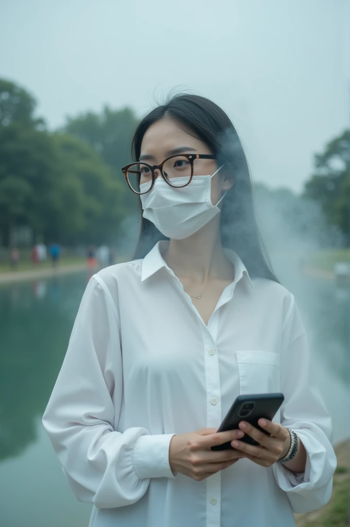 real photography, you are beautiful,wearing glasses,wear a facemask,veiled in ash², White shirt,in the park on the edge of a clear river, holding a cell phone, cloudy weather