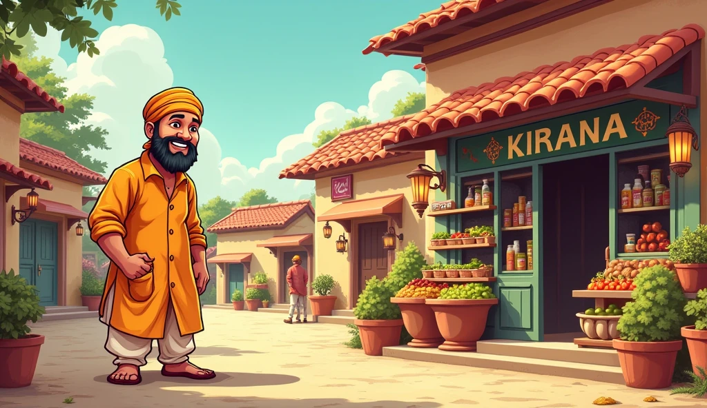 Create an cartoon image of a village and one farmer man wearing kurta and pyjama and he is working in kirana store