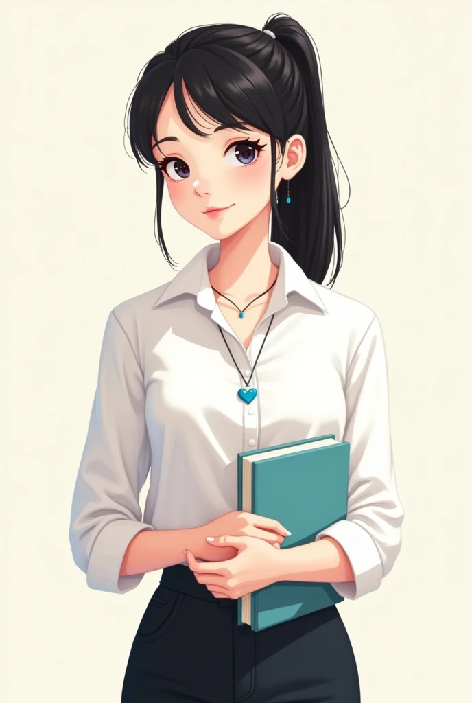  girl, clear skin, light pink lips, dark blue eyes, waist length straight black hair in a ponytail,  a white shirt, Black pants, he would be, a blue heart necklace, slim, with a book in hand.  Cartoon 2D