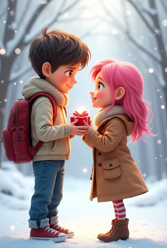 A boy in snowfall area girl hair pink girl drees Jens top a bag on shoulder use earphones dress code shorts not simple dress boy assembling hand
Girl Giving a gift boy