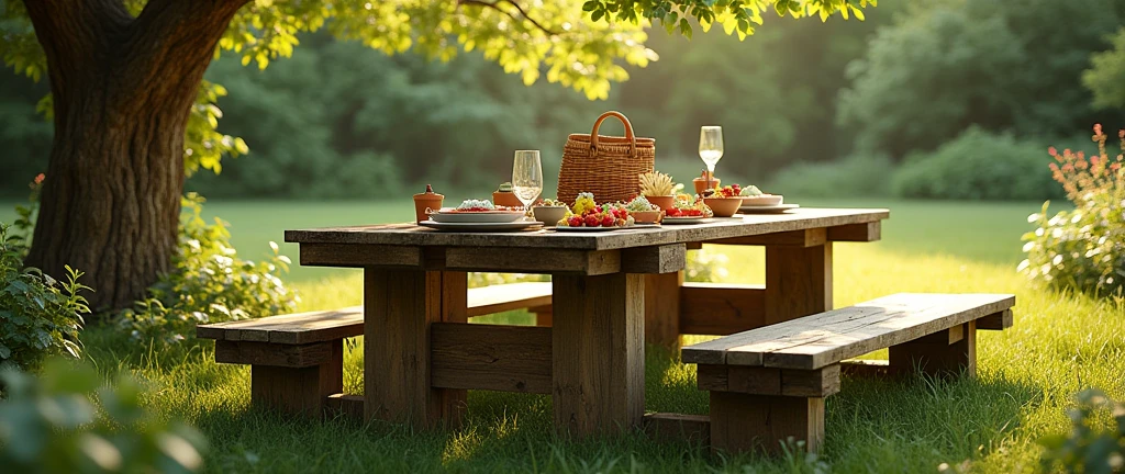 Picture a rustic outdoor picnic table made from pallets, surrounded by pallet benches. Set the table with a picnic basket, plates, and a spread of food, with a backdrop of a sunny park or garden.