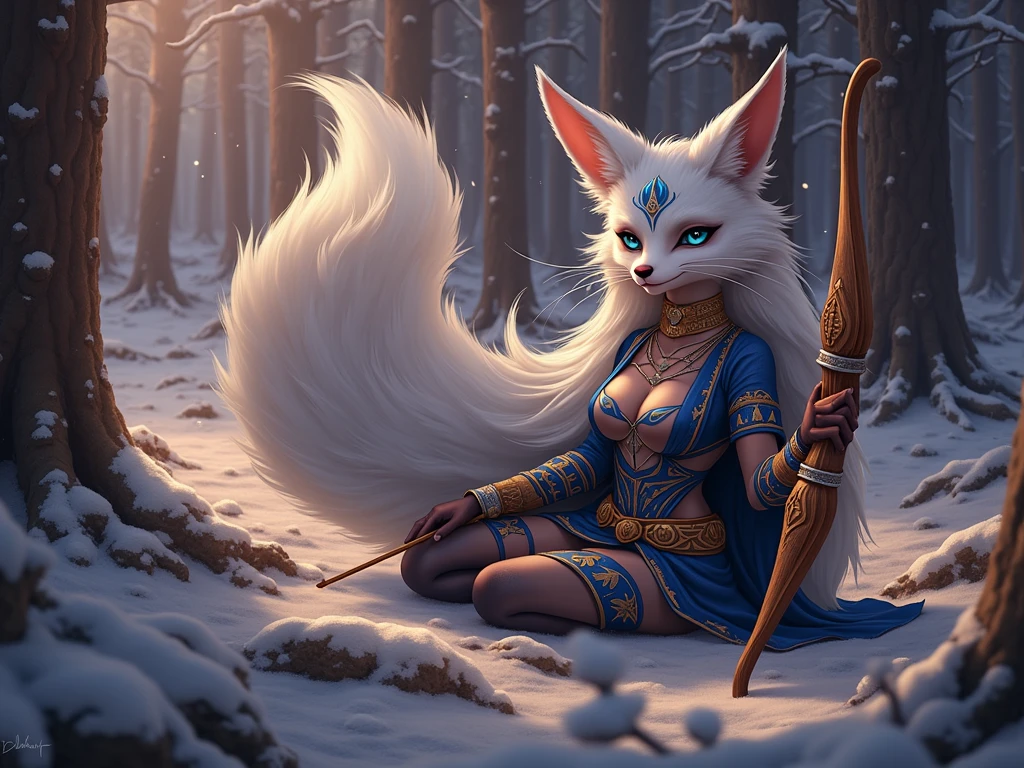 A beautiful, sexy, voluptuous anthropomorphic fox character with long, flowing white hair and sky-blue fur, with traits of the Dark Magician Girl character from Yu-Gi-Oh! She sits in a snowy forest, surrounded by tall, snow-covered pine trees. The character has large, expressive blue eyes, pointed ears, and a fluffy tail, with intricate tribal markings on her fur. She holds a beautifully carved wooden bow, and her outfit is adorned with blue and gold patterns, highlighting her status as an expert archer. The winter scenery is serene, with soft sunlight filtering through the trees, casting a magical glow on the scene.