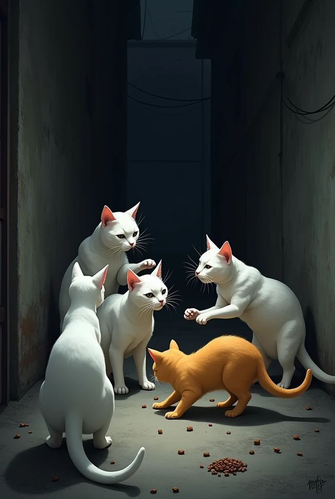 White cat watches from a distance three white cats fighting with a yellow cat in a dark alley, There is cat food on the floor