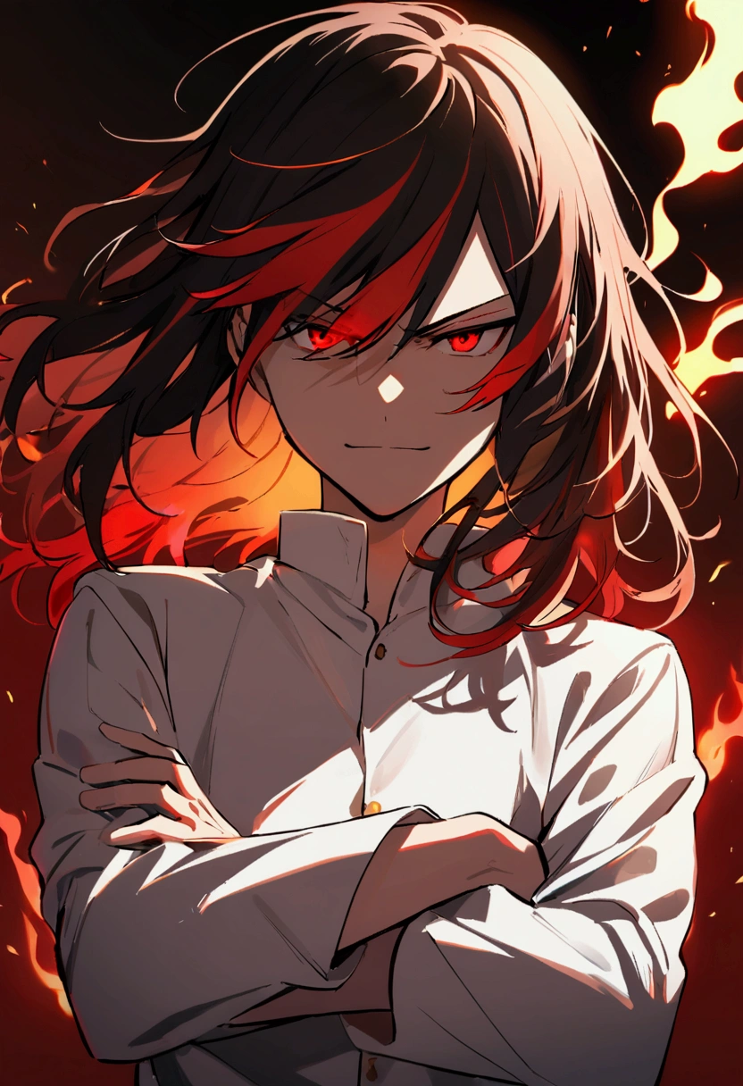 boy, tidy hair, medium length hair, multicolored black and red hair, long bangs covering the left eye, Eyes red, serious face, simple smile, white shirt, school blue jacket, red tattoos on the body, intense fire aura, crossed arms.