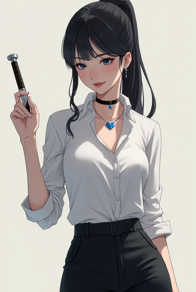  girl, clear skin, light pink lips, dark blue eyes, waist length straight black hair in a ponytail,  a white shirt, Black pants, he would be, a blue heart necklace, slim, with a dagger in his right hand 
