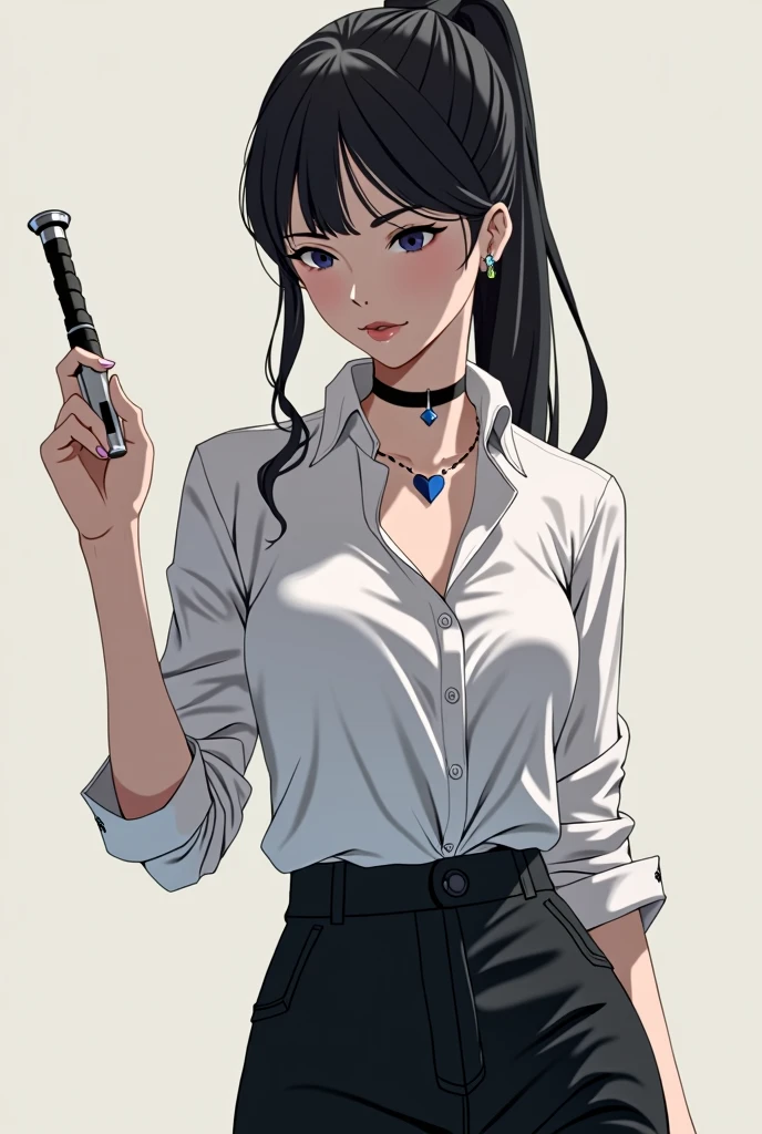 girl, clear skin, light pink lips, dark blue eyes, waist length straight black hair in a ponytail, a white shirt, Black pants, he would be, a blue heart necklace, slim, with a dagger in his right hand