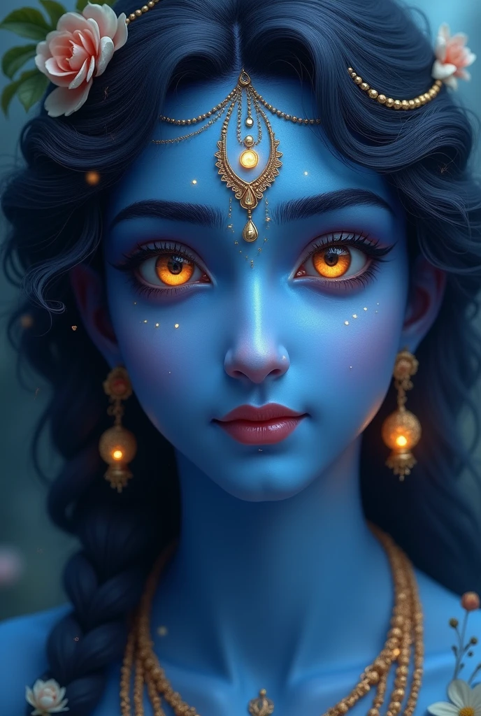 krishna mesmerising photo with great clours eyes beautiful not red eyes not that ai effect or feel but not very contrasting clours pls