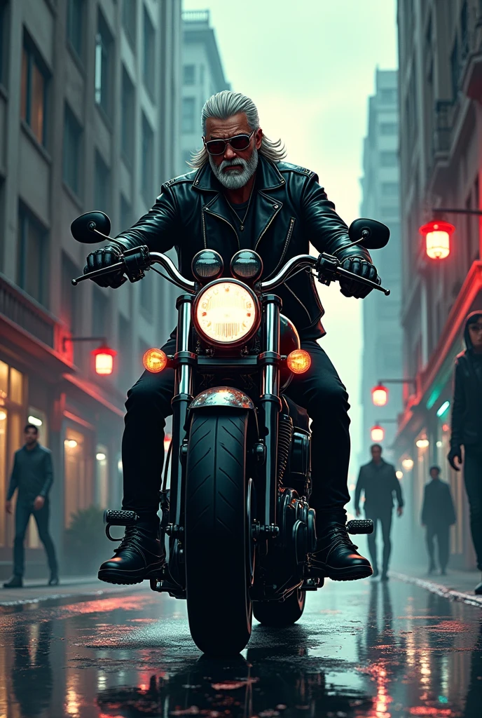 (mid-shot), ultra detailed 2d cartoon manga concept art illustration, 1man, looks like henry cavill in the witcher, wearing black leather biker jacket and oakley sunglasses, full beard, riding diary chopper motorcycle on city street, crime and danger、Tension and suspense、Reflections on the avant-garde and the low ebb、Shady、evocative composition